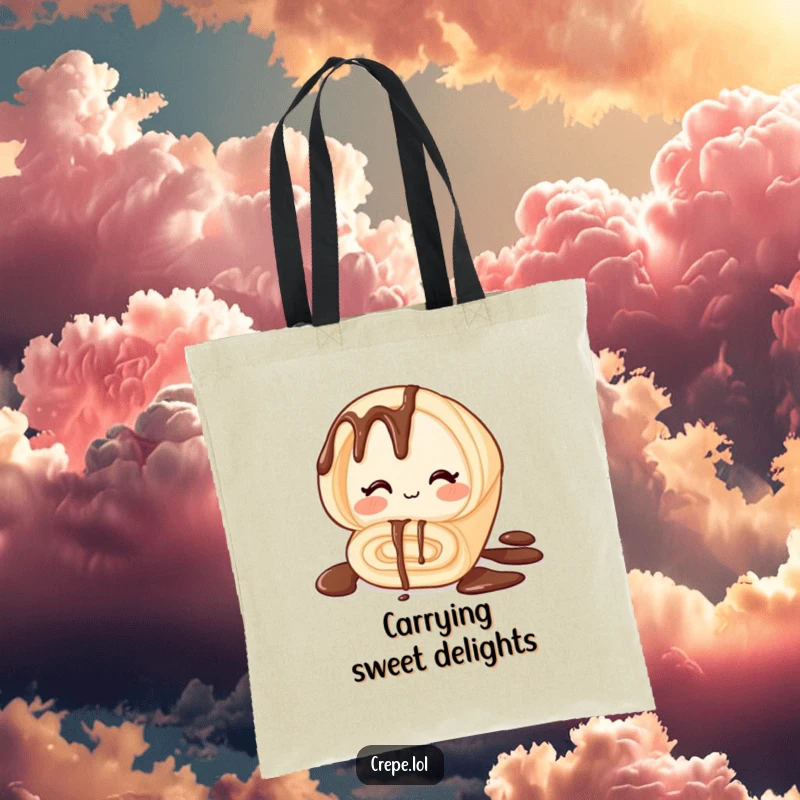 Funny tote bag featuring a winking rolled chocolate crepe, perfect for groceries or daily errands, adding a humorous touch.