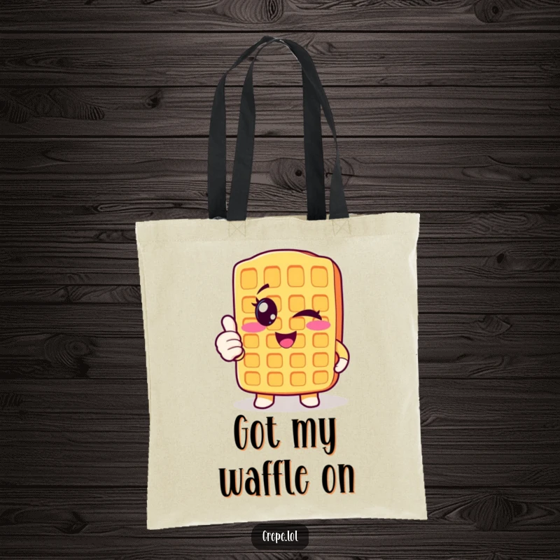 Funny winking waffle tote bag giving a thumbs up, a practical and humorous breakfast accessory.