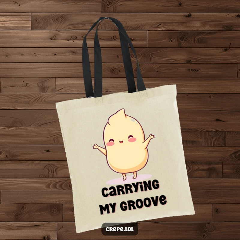 Funny tote bag illustrating a wobbly plain crepe with tiny legs performing a hilarious, goofy dance routine.