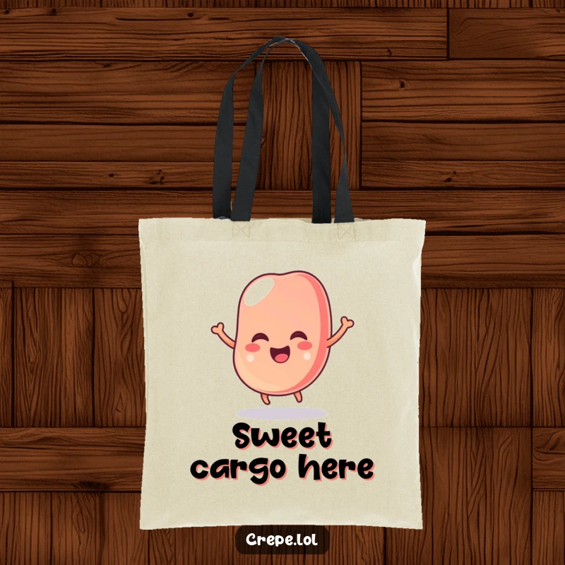 Funny tote bag with a wobbly jelly bean illustration, bouncing with glee, perfect for carrying treats and smiles.