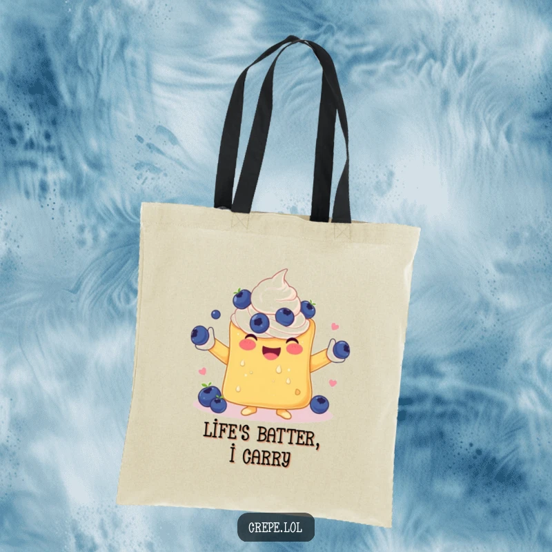 Funny tote bag illustrating a cheerful crepe with whipped cream arms juggling a cascade of blueberries, a whimsical design.