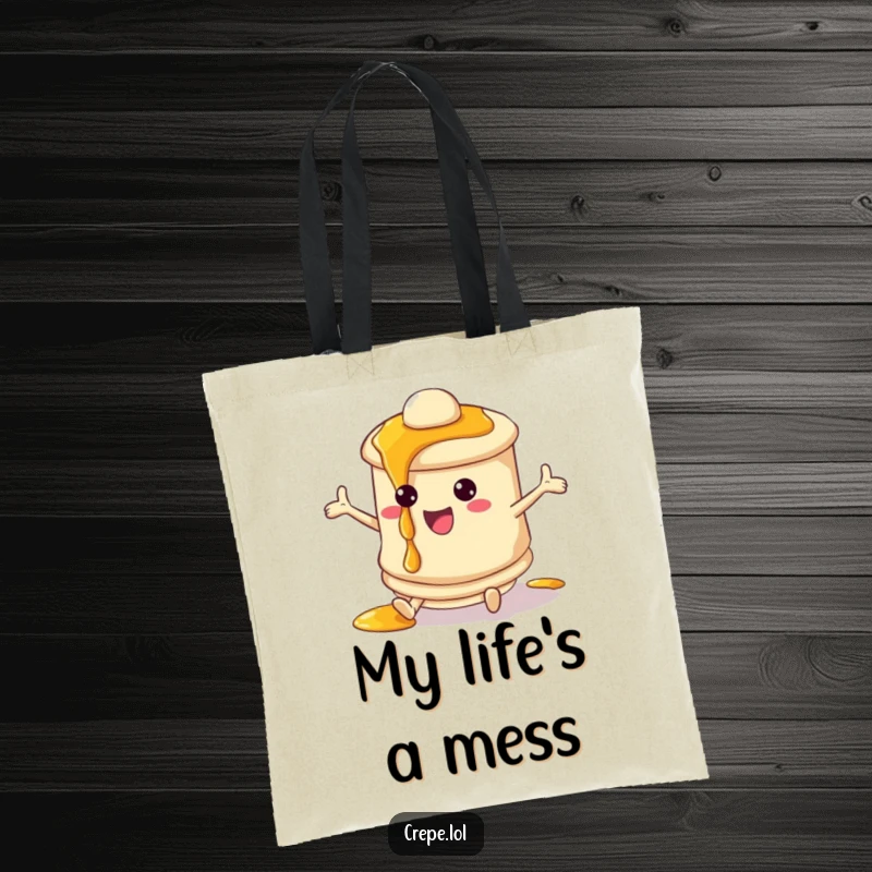 Funny pancake tote bag showcasing a bouncing character with dripping syrup, a whimsical and practical accessory.