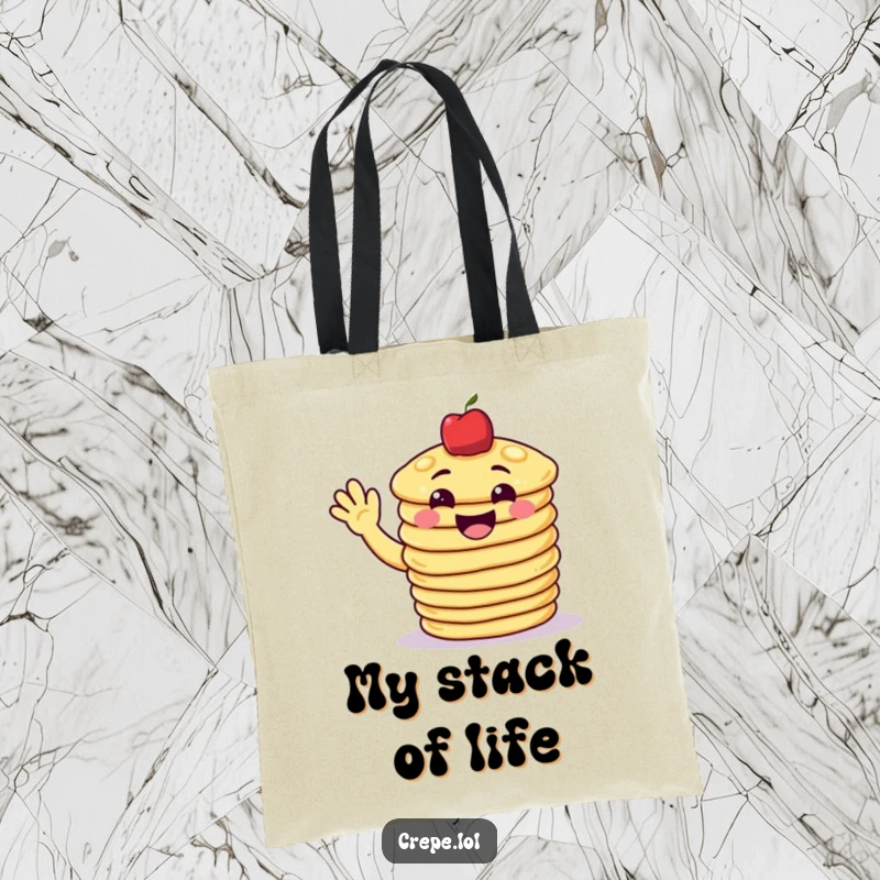 Funny pancake tote bag showing a grinning stack of pancakes waving hello, ideal for carrying essentials happily.
