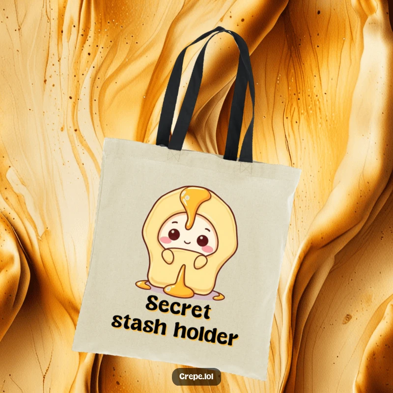 Funny tote bag illustrating a shy banana crepe peeking from behind a viscous drizzle of sweet syrup.