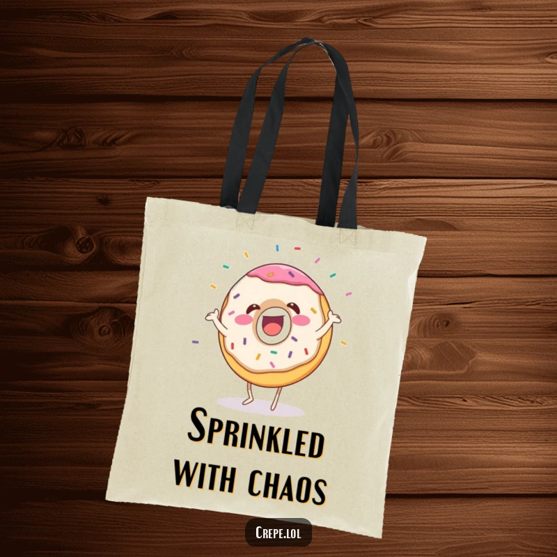 Funny donut tote bag featuring a gleeful dancing character with flying sprinkles, designed for stylish and humorous carrying.
